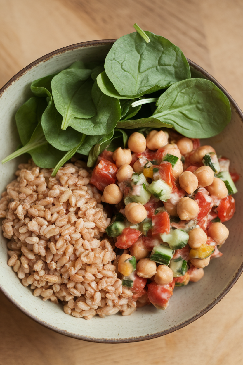 Indoor photo showing a scoop of farro, a colorful chickpea-tomato-cucumber salad, and fresh baby spinach leaves on a shallow bowl. No text or logos.