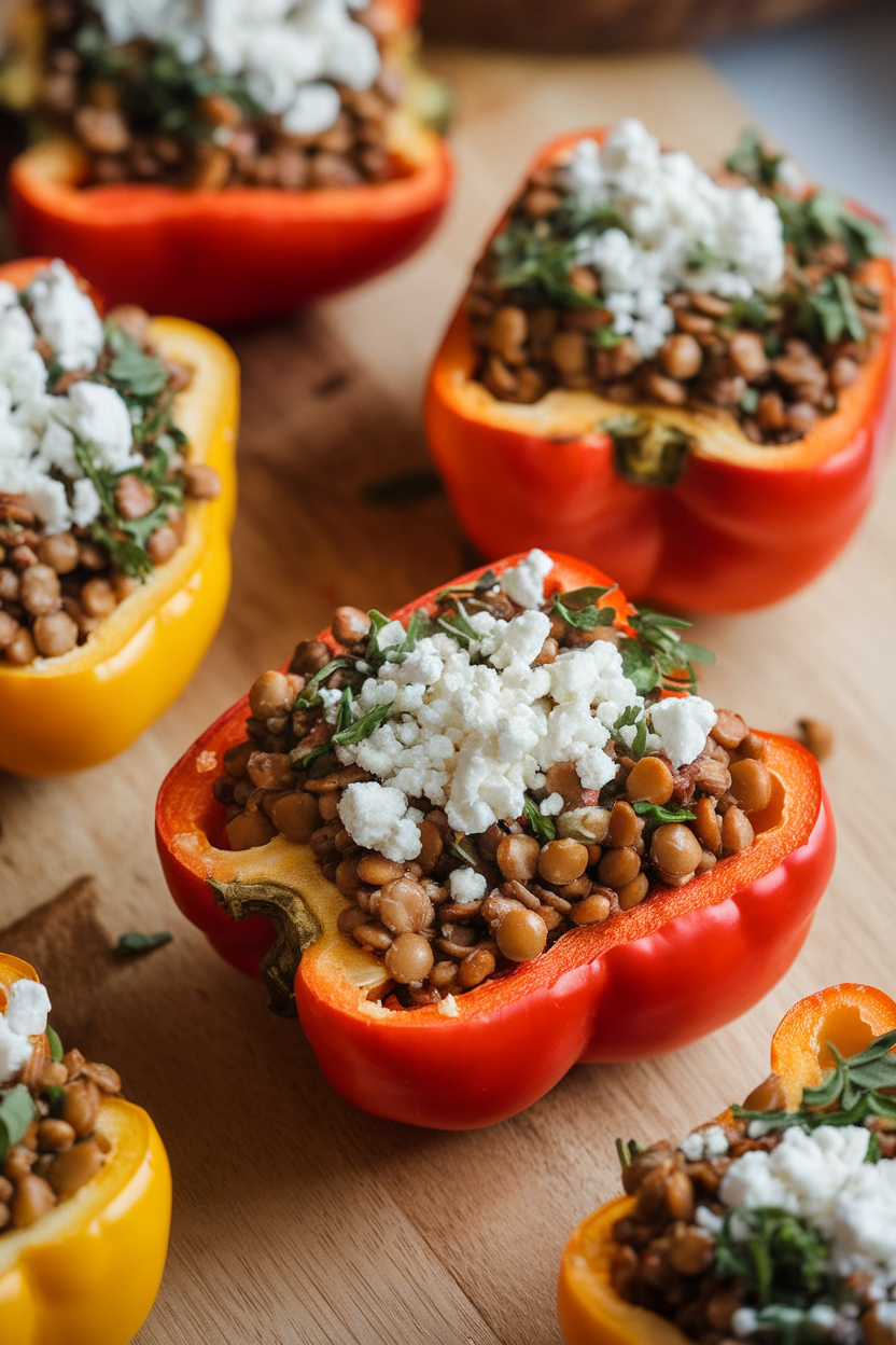 Indoor photo of halved bell peppers filled with lentils, herbs, and crumbled feta, baked until tender; side lighting, no text or logos