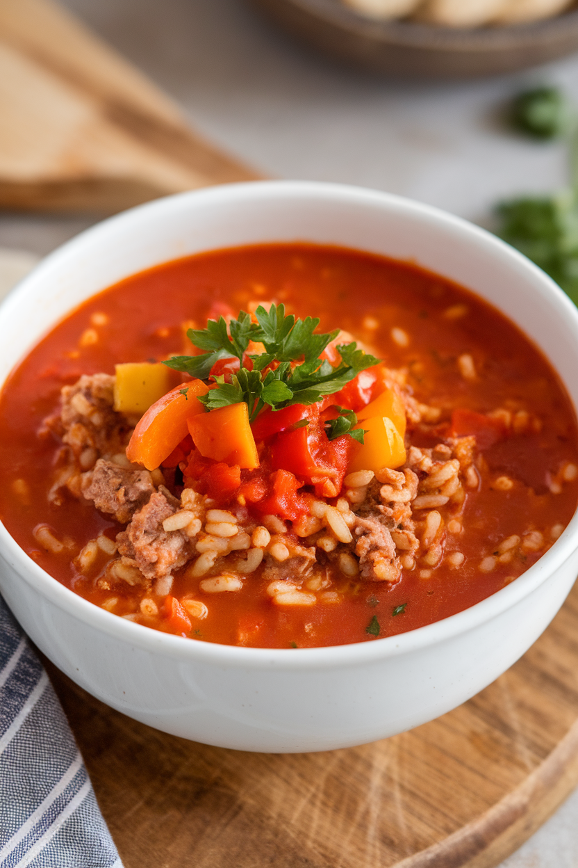 Indoor bowl of tomato-based soup filled with ground turkey, rice, and diced bell peppers, parsley sprinkled on top. No logos or text.