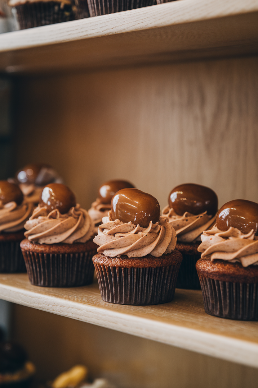 Photo of indoor patisserie case featuring cupcakes with nutty brown frosting crowned by glossy candied chestnuts, no text or logos.