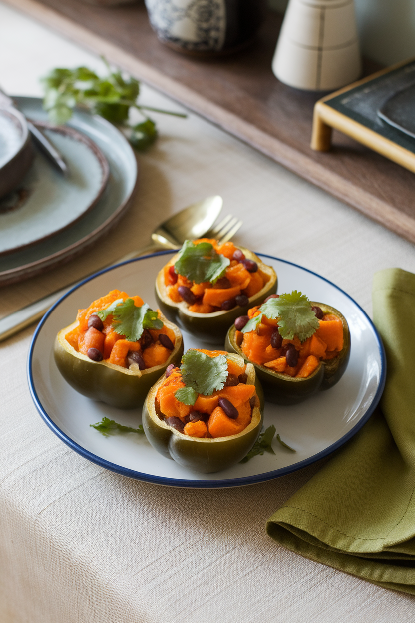 An indoor dinner table scene featuring halved bell peppers filled with orange sweet potato and black bean mixture, sprinkled with cilantro. This should be a photo, not an illustration. No text or logos anywhere in the scene.