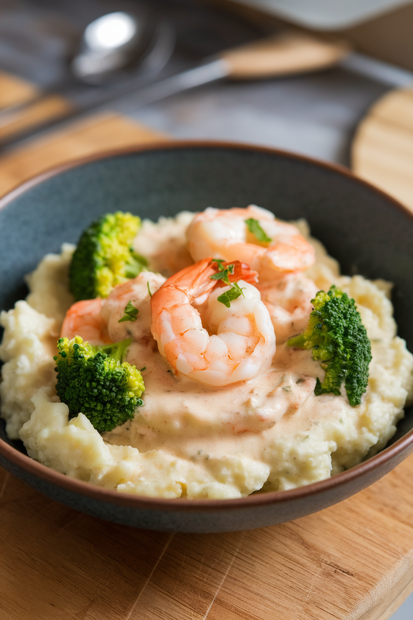 Indoor pasta bowl (no noodles) featuring shrimp and broccoli in a creamy Alfredo sauce over cauliflower mash. No text or logos. Photo, not illustration.