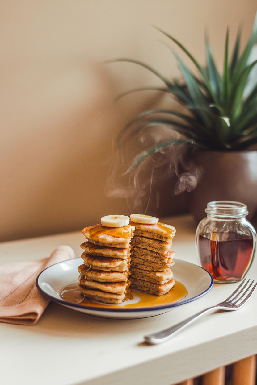 Warm indoor breakfast table with a stack of mini banana oat pancakes drizzled lightly with pure maple syrup, steam visible. No text or logos present.