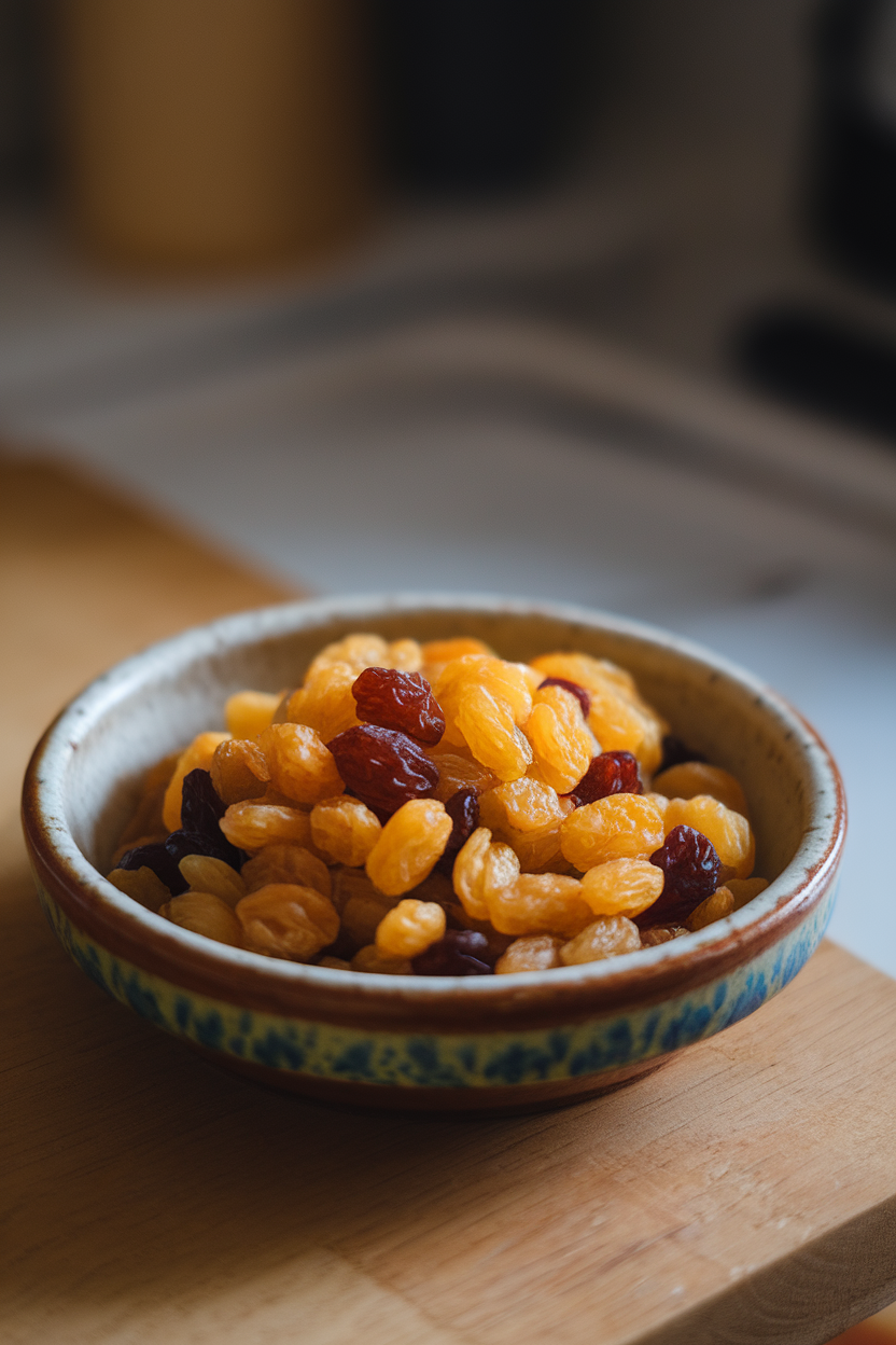 Indoor photo of golden and regular raisins mixed together in a shallow ceramic dish; soft kitchen light, no text or logos