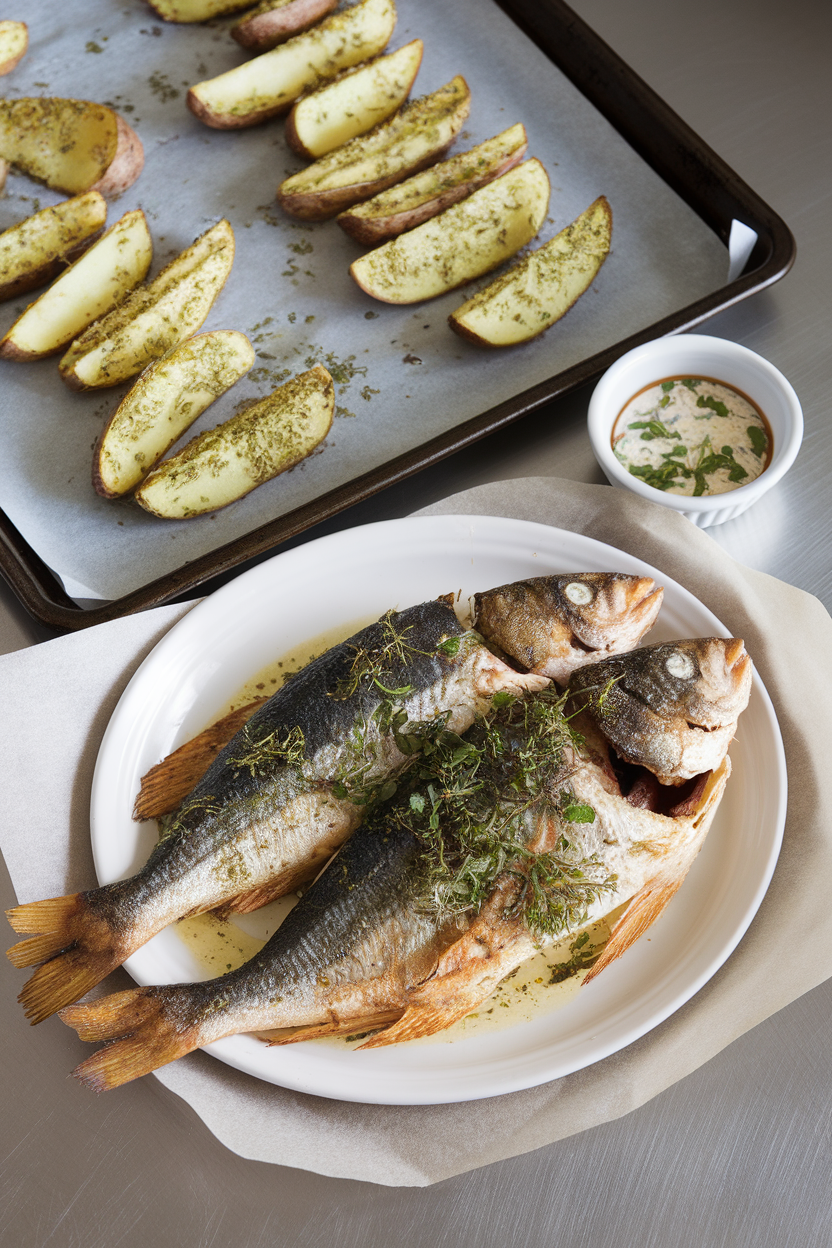 Photo prompt: An indoor countertop with a baking sheet of herb-crusted potato wedges next to a plate of baked fish, golden edges showing, no brands or logos.