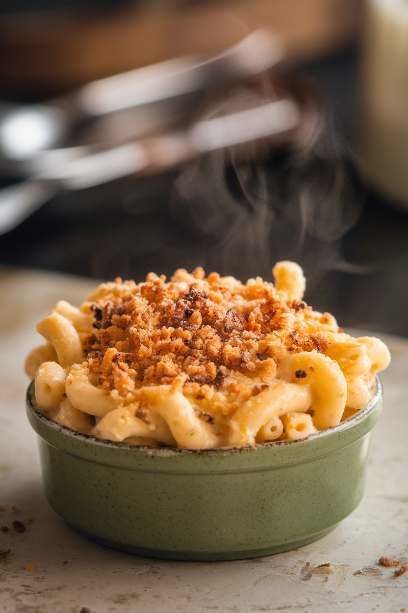 Indoor close-up of a small casserole of baked macaroni and cheese with a faint drizzle of truffle oil and toasted breadcrumbs on top, steam rising. No text or logos.