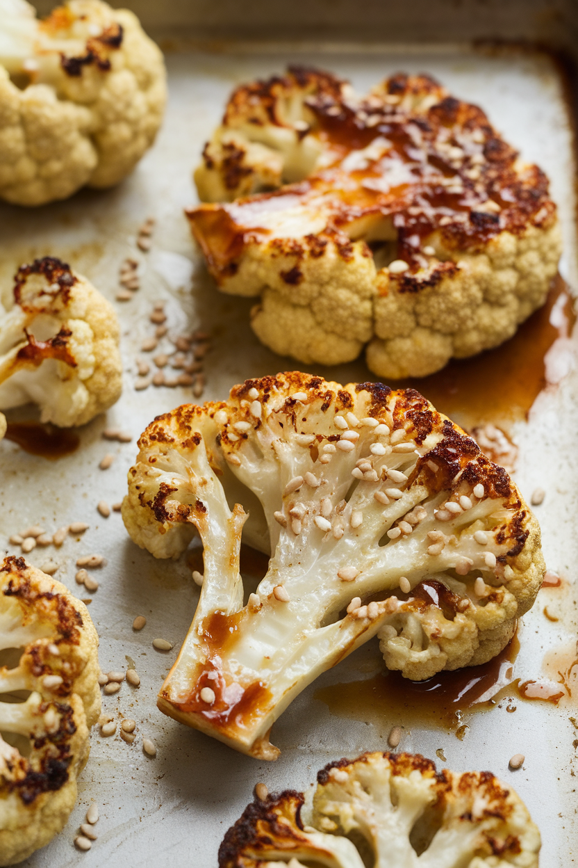 An indoor photo of roasted cauliflower “steaks” brushed with glossy teriyaki glaze on a baking sheet, sesame seeds sprinkled over. No text or logos.