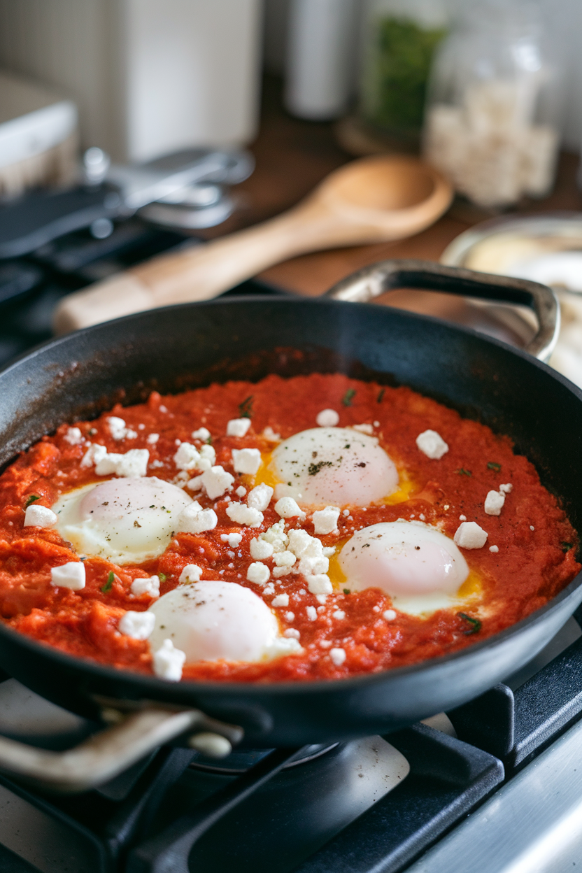 Photo of a cast-iron pan filled with tomato-pepper sauce and poached eggs, feta crumbles on top, indoor stovetop. No text or logos.</Prompt