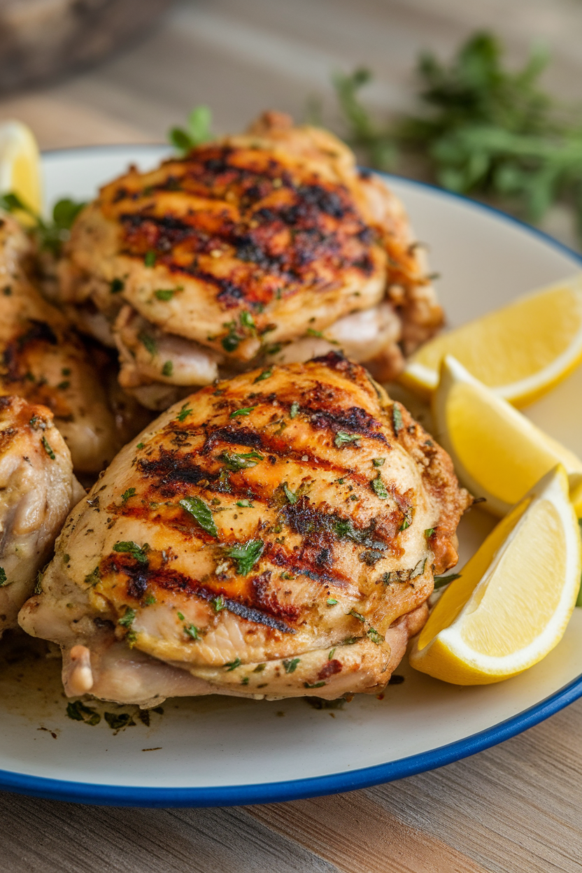 Indoor platter holding grilled chicken thighs with visible herb flecks, lemon wedges on side, no text or logos