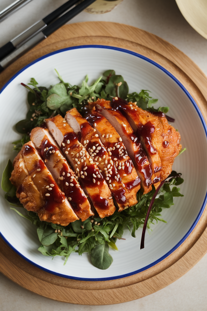 Indoor plate showing air-fried chicken breast glazed with deep red gochujang sauce, sesame seeds sprinkled on top, overhead shot. No text or logos.