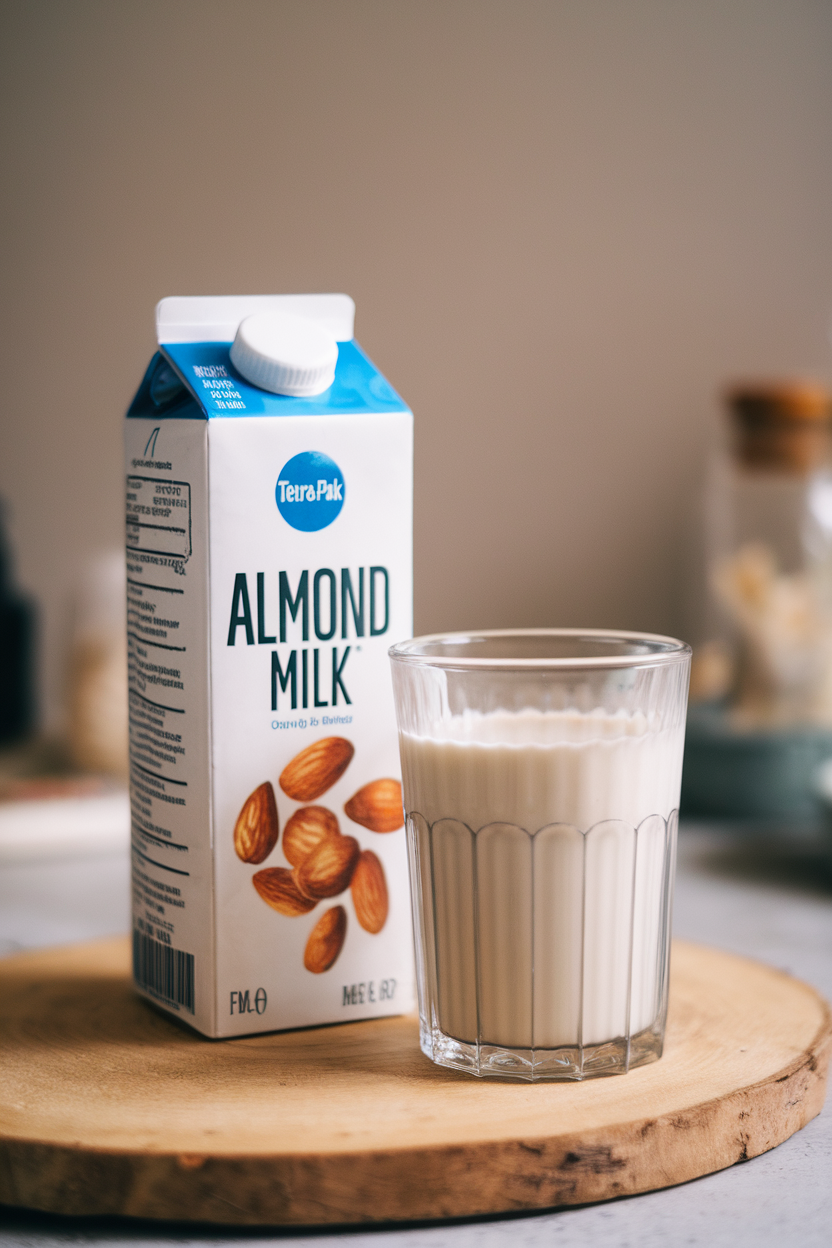 Indoor photo of a tetra-pak carton of almond milk beside a clear glass filled halfway; neutral light, no text or logos