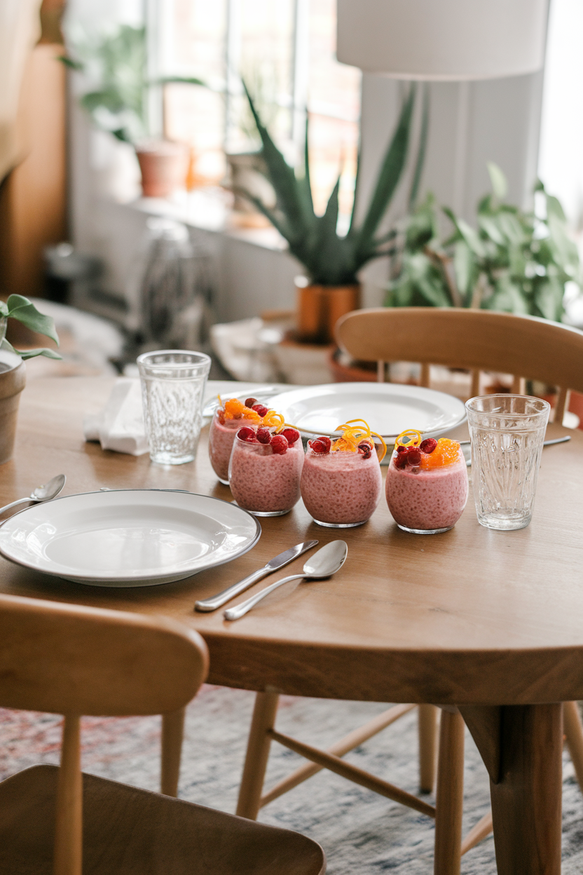 An indoor breakfast nook with small glass jars of pink cranberry-orange chia pudding topped with fresh cranberries and orange zest curls—no text or logos; photo, not illustration