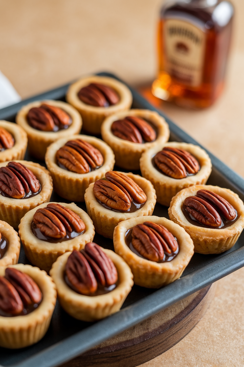 An indoor tray of mini pecan tassies with glossy filling and flaky crusts, a small bourbon bottle blurred in background. Photo, no text or logos.