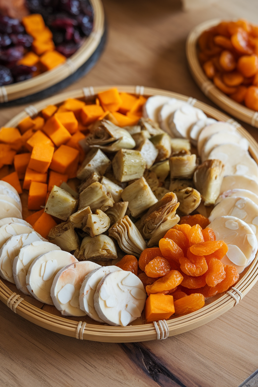 Indoor shot of a bamboo platter with roasted butternut cubes, marinated artichokes, almond cheese rounds, and dried apricots; no logos or text visible.