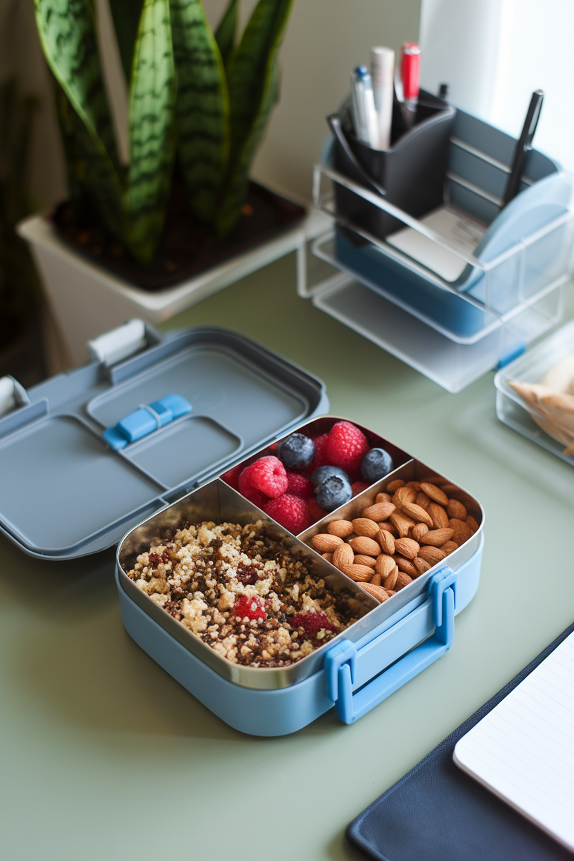 Indoor lunchbox open on a desk, compartments filled with quinoa salad, berries, and almonds, no text.