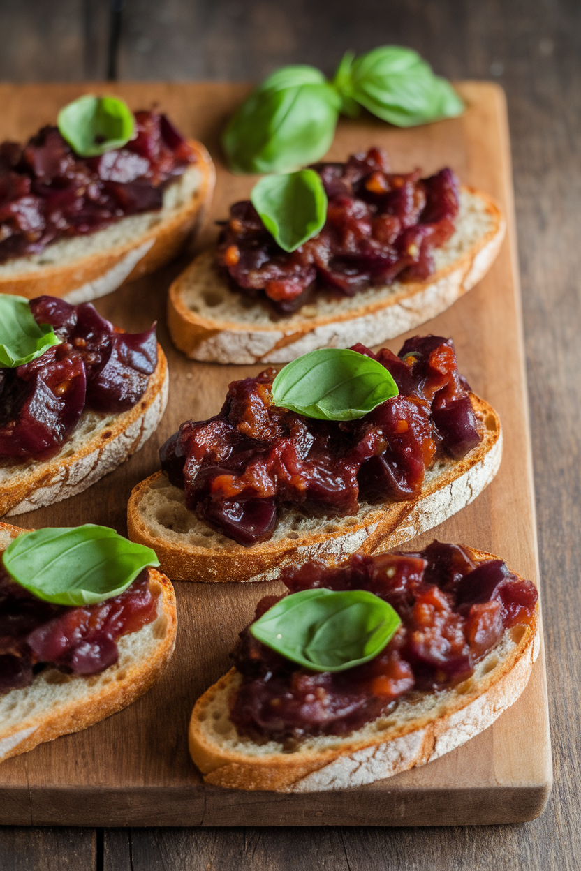 Indoor photo of toasted baguette slices topped with glossy eggplant caponata, garnished with basil. No text or logos.