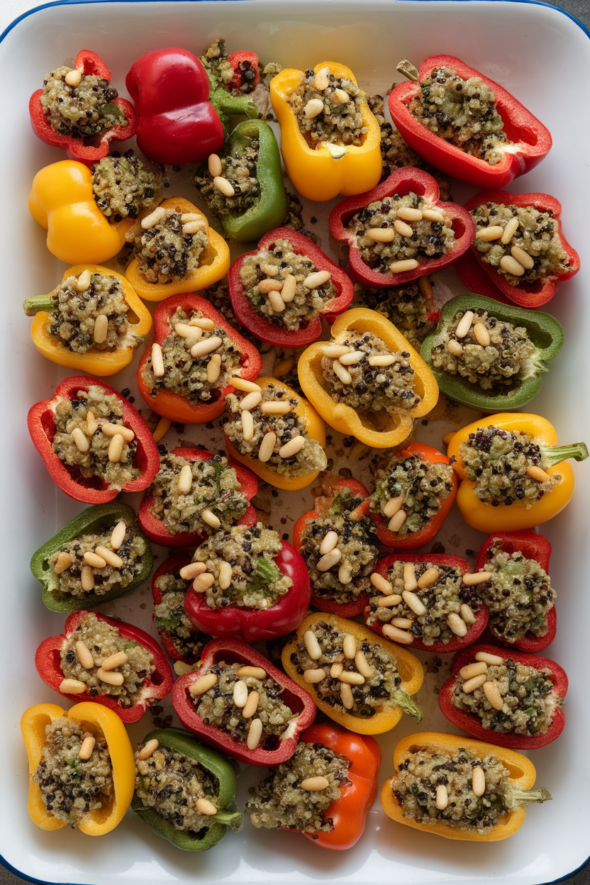 Indoor photo of colorful mini bell peppers halved and filled with herbed quinoa, sprinkled with toasted pine nuts, on a white rectangular platter. No logos or text present.