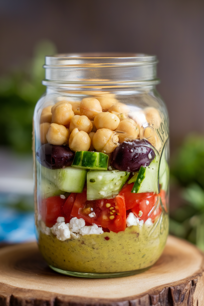 An indoor countertop with a mason jar layered from bottom to top with vinaigrette, chickpeas, cucumbers, grape tomatoes, olives, and crumbled feta. No text or logos present.