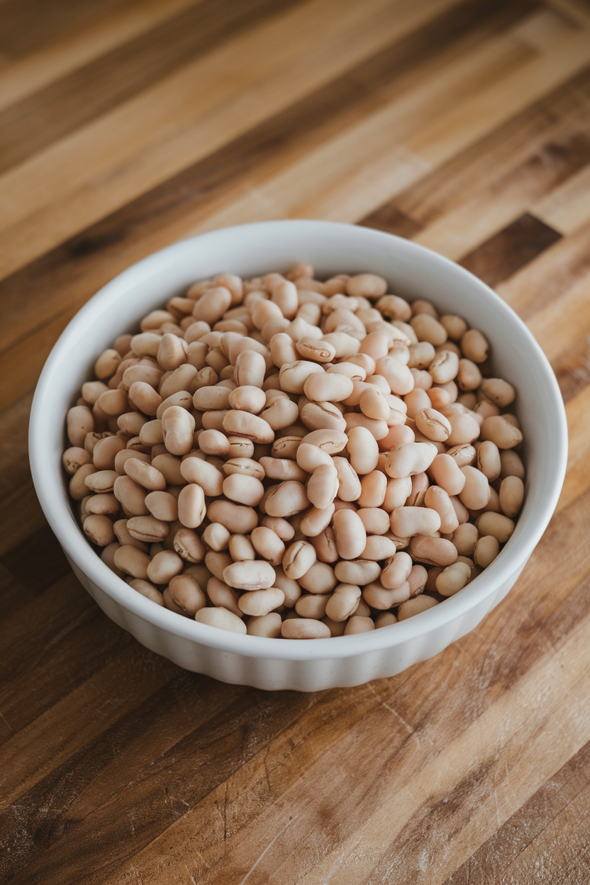 Indoor photo of a white bowl brimming with plump cannellini beans on a butcher-block counter; no text or logos