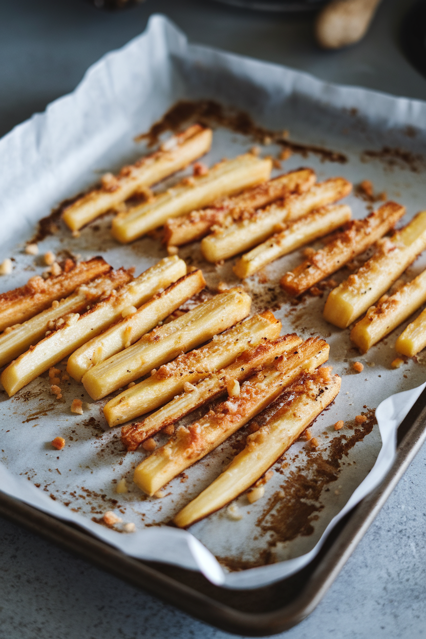 A parchment-lined sheet pan indoors with roasted parsnip sticks coated in Parmesan and garlic bits. No text or logos. Photo.