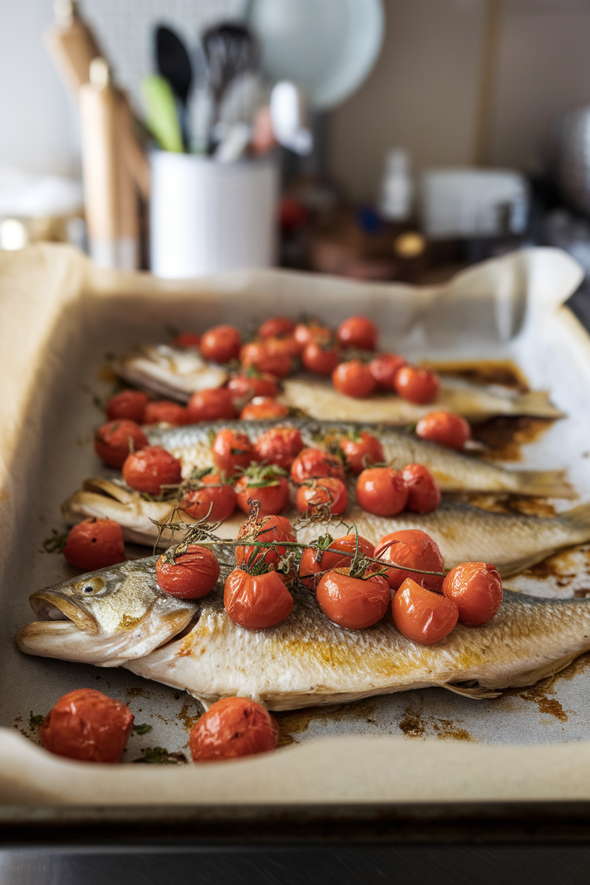 A parchment-lined indoor baking tray showcasing golden roasted sea bass fillets topped with cherry tomatoes and herbs; all fish fully cooked, no text or logos.