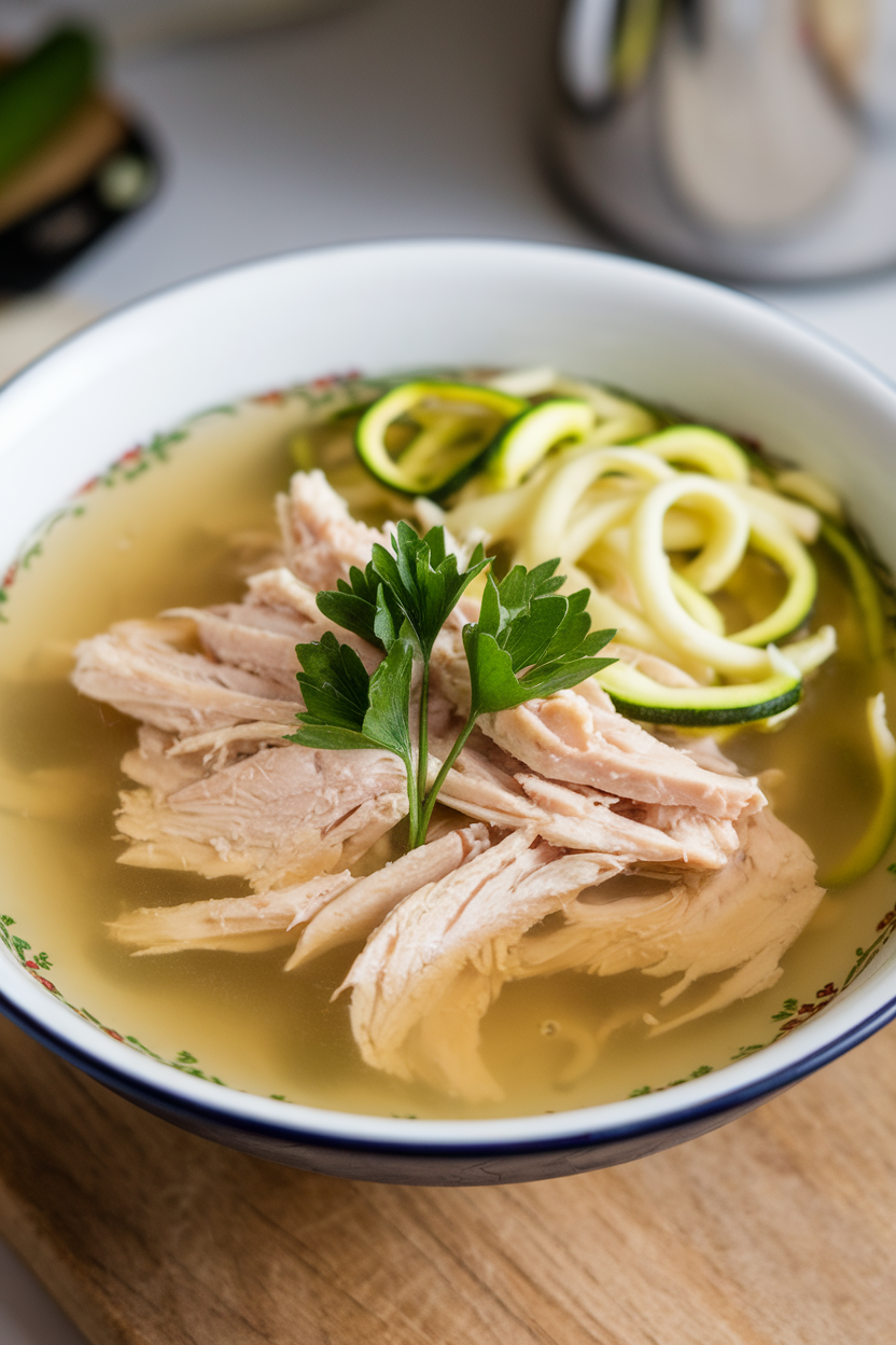 Photo of an indoor soup bowl filled with clear chicken broth, shredded chicken breast, and zucchini noodles, parsley sprinkled on top. No text or branding.