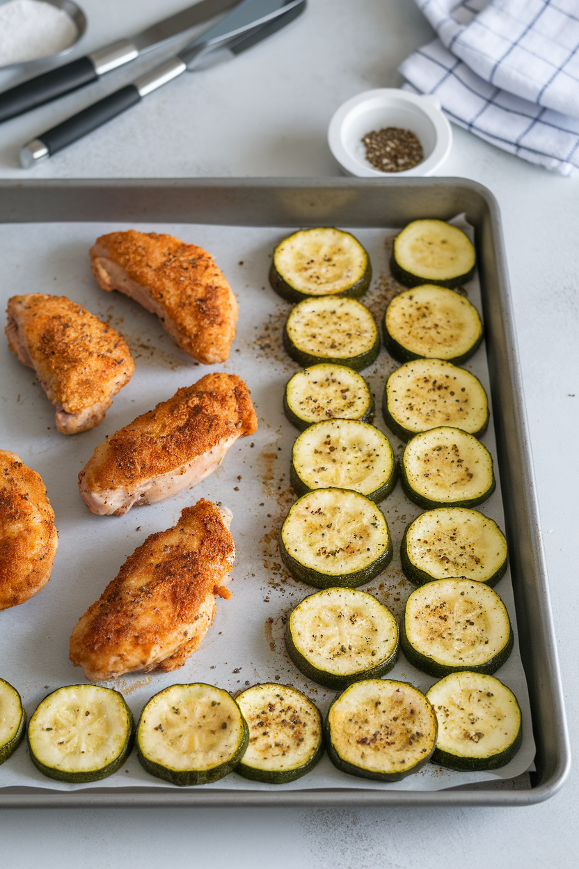 Photo of an indoor oven tray holding baked chicken tenders and seasoned zucchini rounds, golden and crisp. No text or logos.