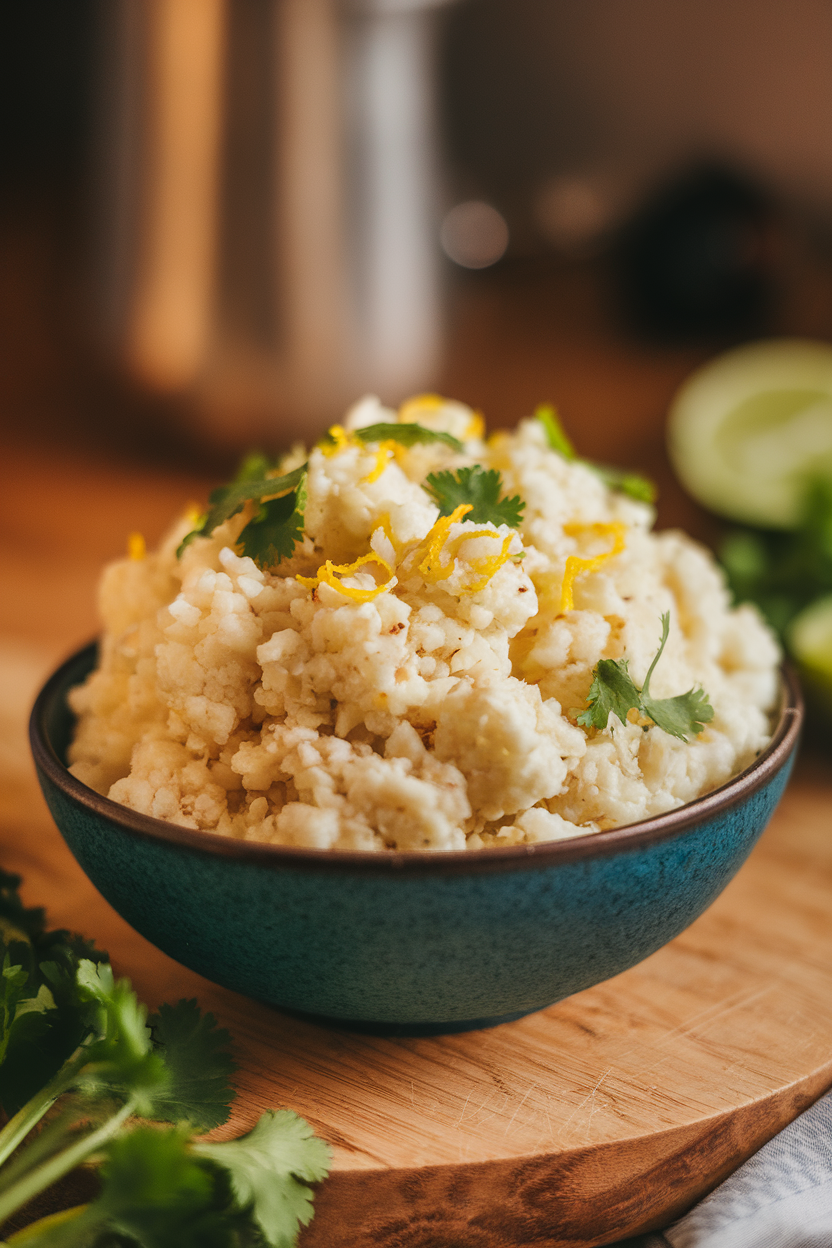 An indoor bowl of fluffy cauliflower rice flecked with cilantro and lime zest, photographed from above. No text or logos. Photo only.