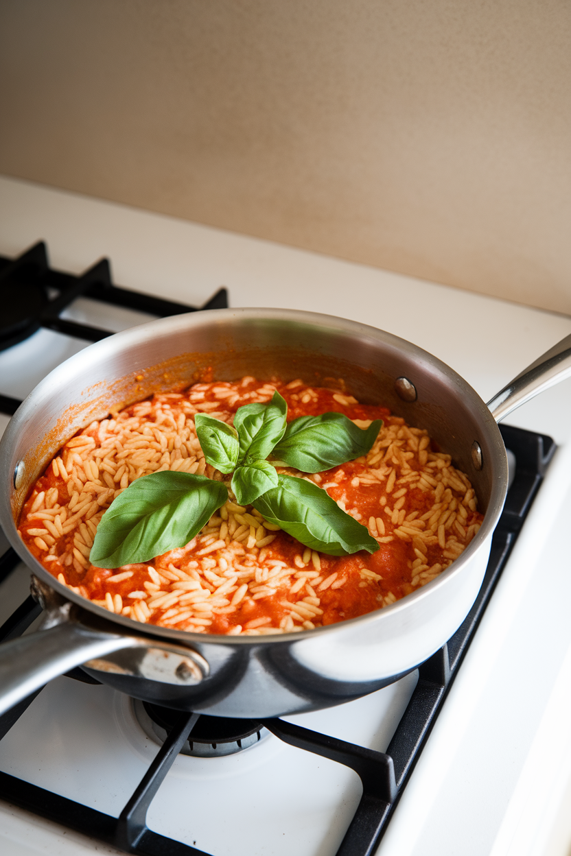 Saucepan on indoor stovetop filled with cooked orzo in a tomato sauce, fresh basil leaves on top, no text or logos