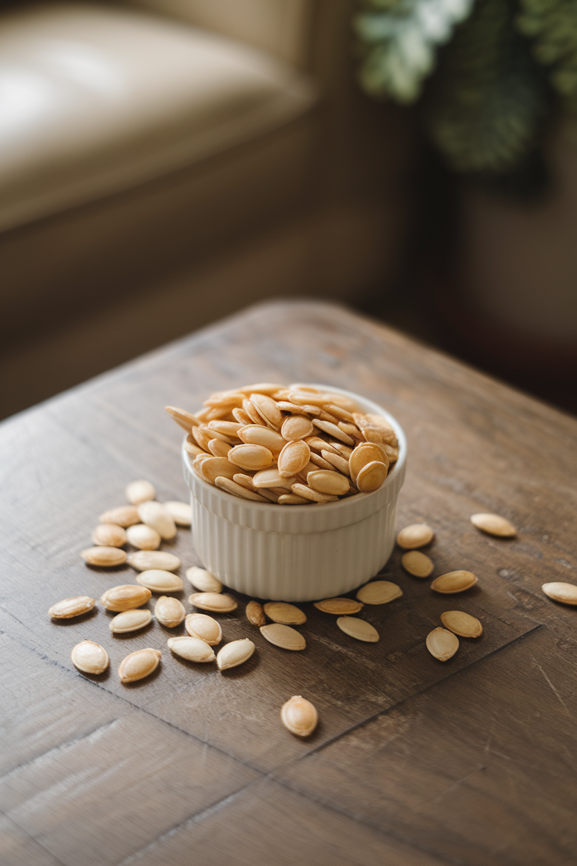 Indoor photo of a small ramekin filled with roasted pumpkin seeds on a coffee table; no text or logos.