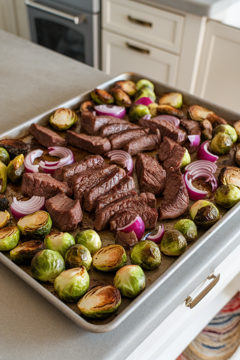 A sheet pan on an indoor kitchen island loaded with roasted beef strips, Brussels sprouts, and red onion glazed in balsamic vinegar. No logos; photo.