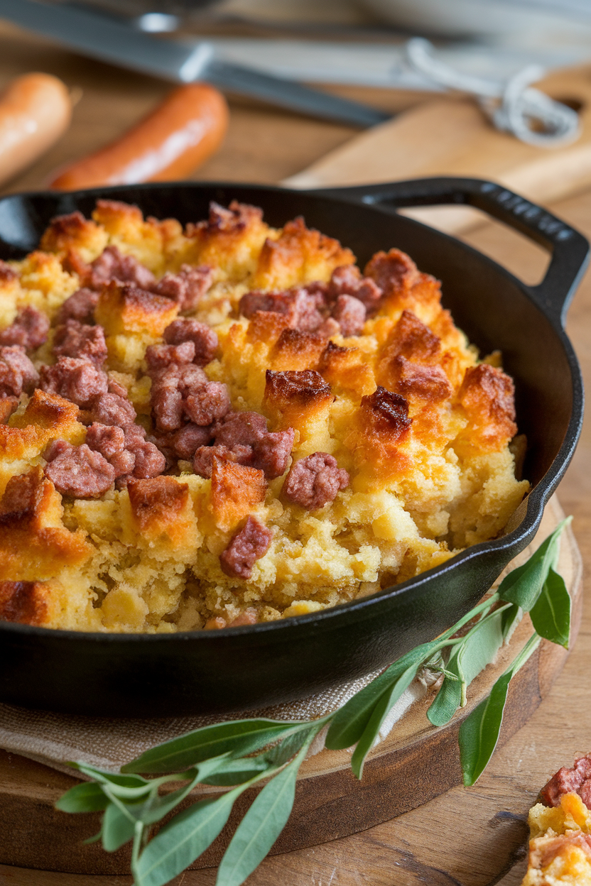 Indoor image of cornbread dressing with browned sausage crumbles in a cast-iron skillet, no text or logos.