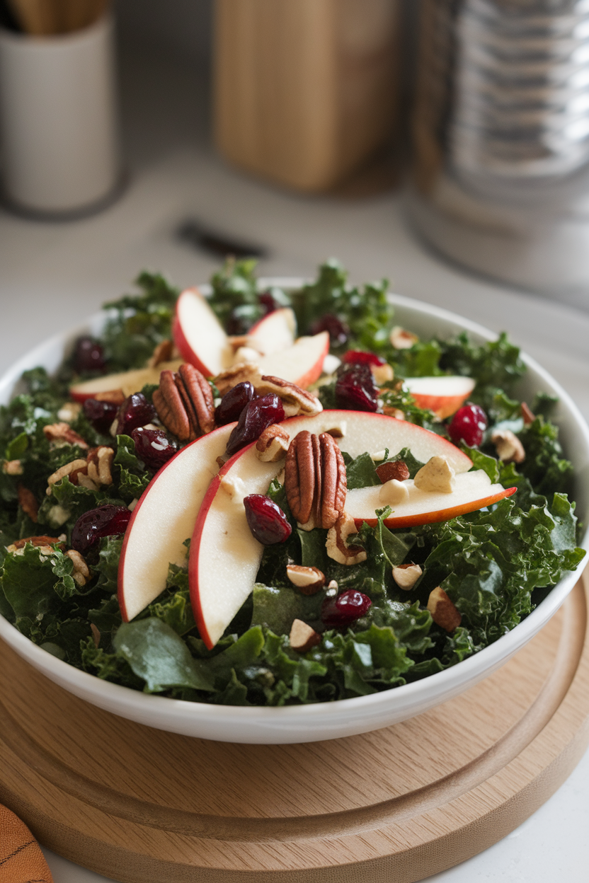A salad bowl indoors showing chopped kale, thin apple slices, cranberries, and pecans lightly coated in dressing. No text or logos. Photo.