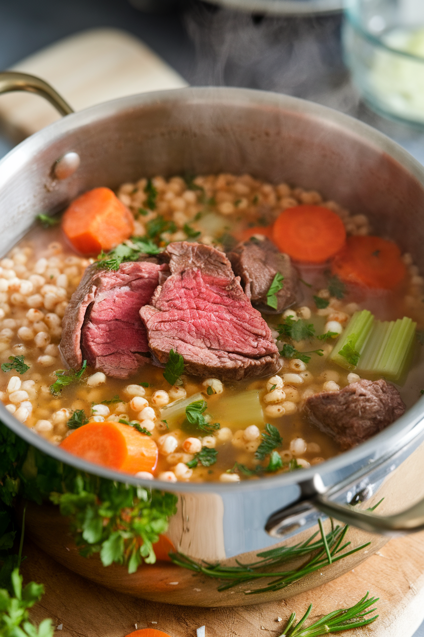 Indoor soup pot containing beef, pearl barley, carrots, and celery in savory broth—no text or logos.