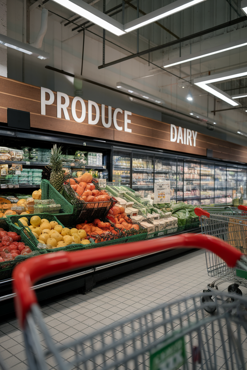 Indoor photo of a grocery store’s produce and dairy sections viewed from a cart handle perspective; no text or logos.