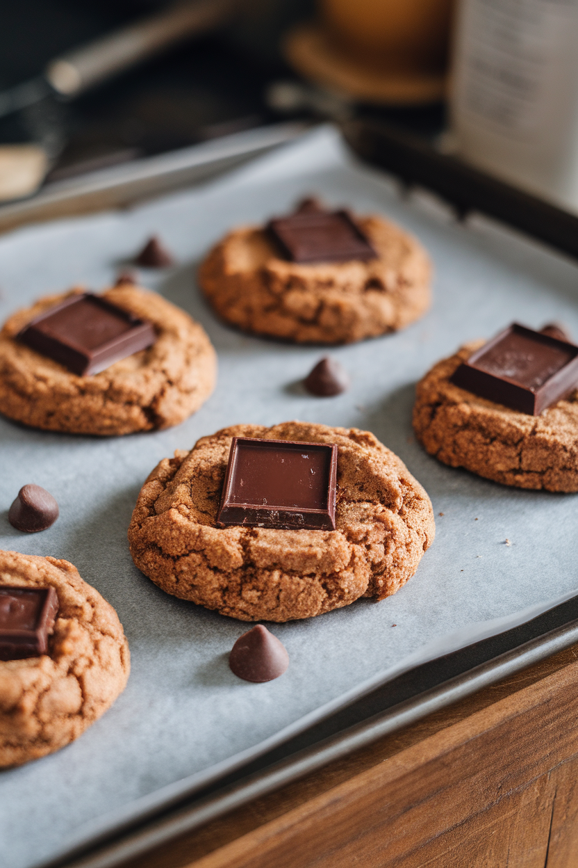 Photo prompt: Rustic rye-flour cookies with large chocolate chunks on a baking sheet indoors, no text or logos.