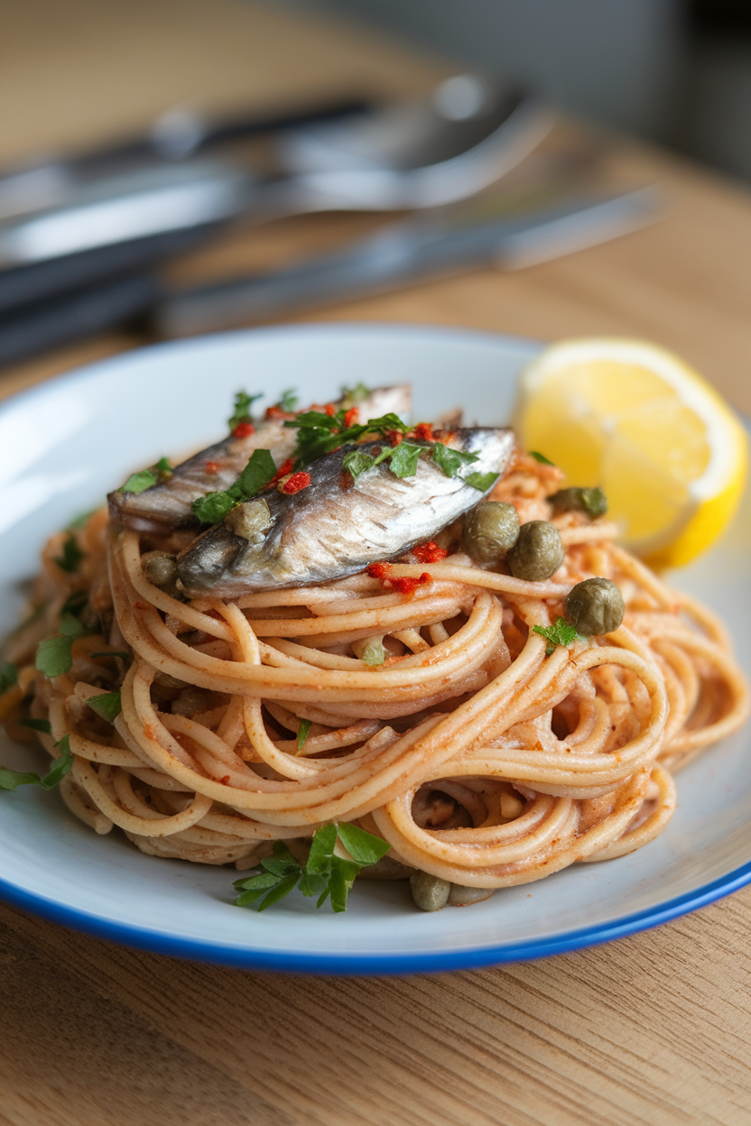 Indoor plate of whole-grain spaghetti tossed with cooked sardines, red pepper flakes, capers, and parsley, lemon wedge on the side. No text or logos present.