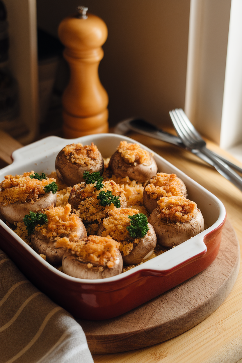 A warmly lit indoor casserole dish filled with baked cremini mushrooms, tops sprinkled with golden breadcrumbs and parsley. No text or logos present. Photo only.