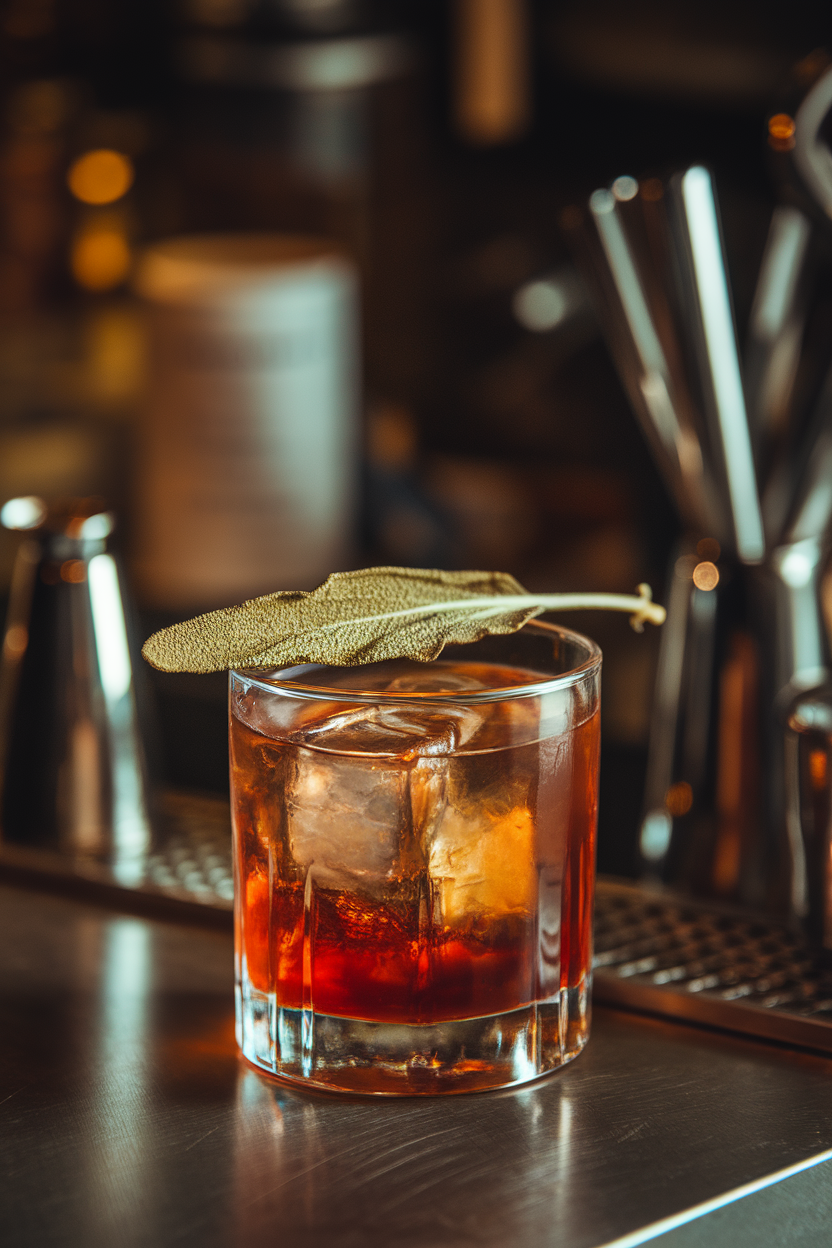 Indoor craft-cocktail bar featuring a rocks glass of rich amber drink over a clear cube, butter-browned sage leaf resting on the rim. No text or logos; photograph, not illustration.