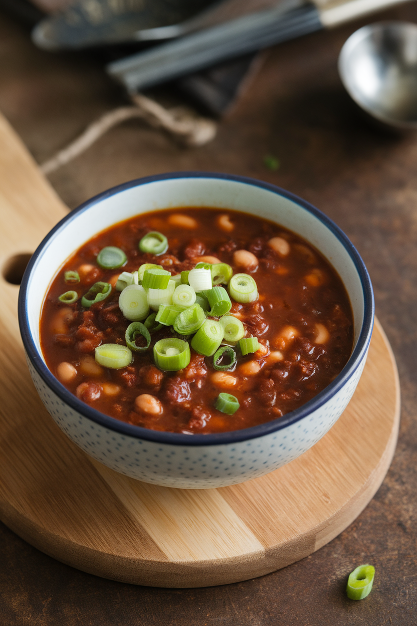 Indoor photo of deep brown adzuki bean chili with miso broth sheen, scallions on top; no text or logos.