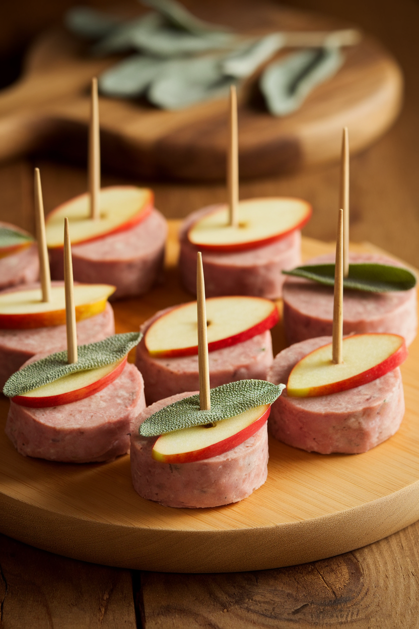 Indoor photo of bite-size turkey sausage rounds studded with apple and sage, skewered with toothpicks on a platter. No text or logos.