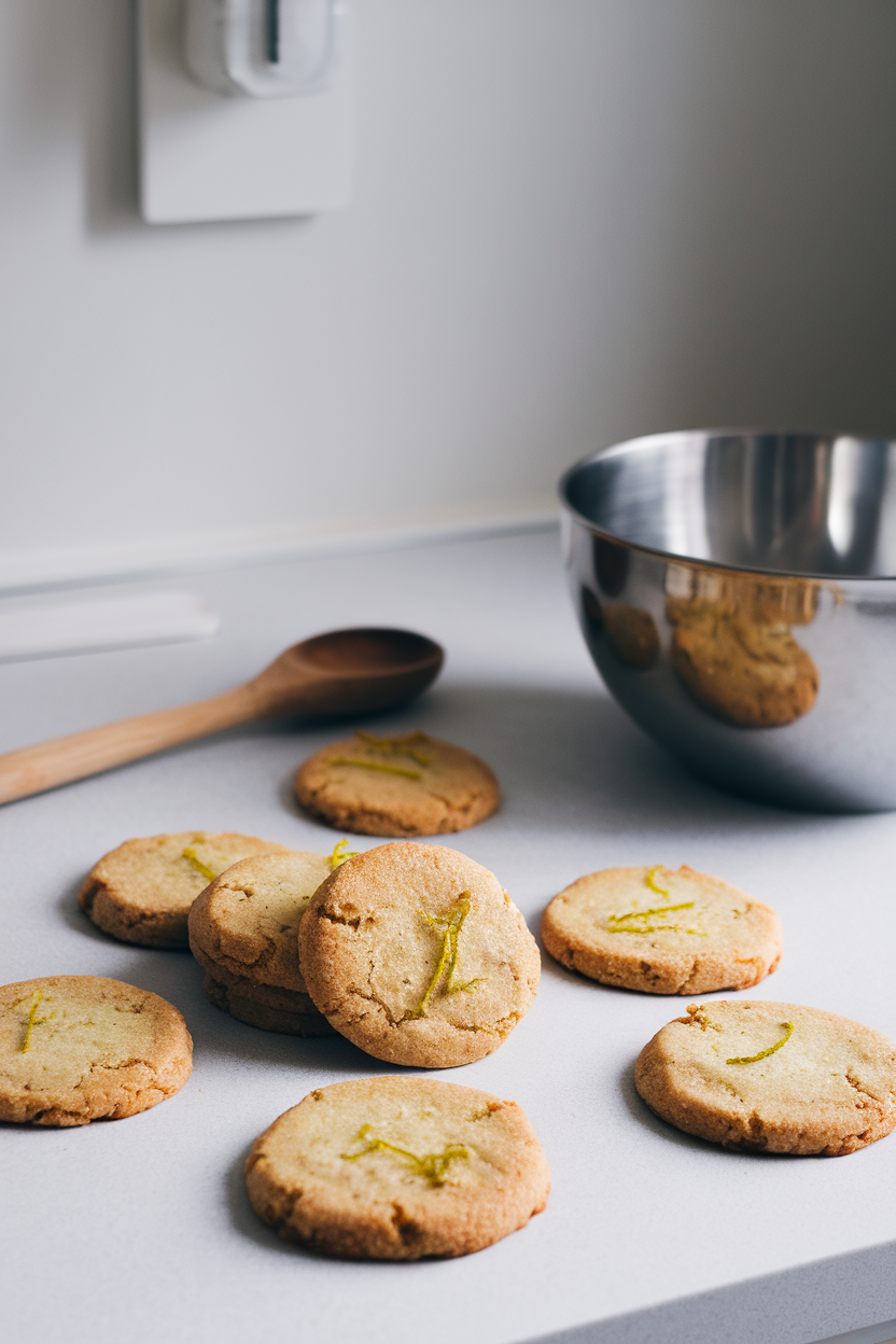 Photo prompt: Cookies with flecks of ginger and lime zest on an indoor countertop, no branding.