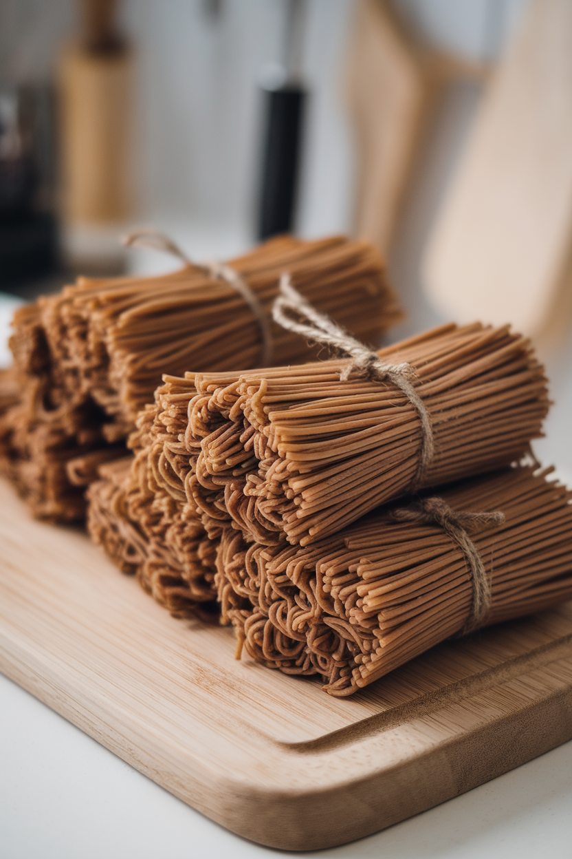 Indoor photo of dried brown soba noodle bundles tied with twine on a cutting board; no text or logos