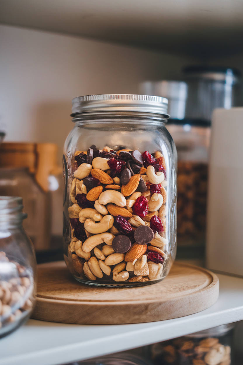 A mason jar filled with homemade trail mix—almonds, cashews, dried cranberries, and dark chocolate chips—on a pantry shelf indoors; no text or logos; photo