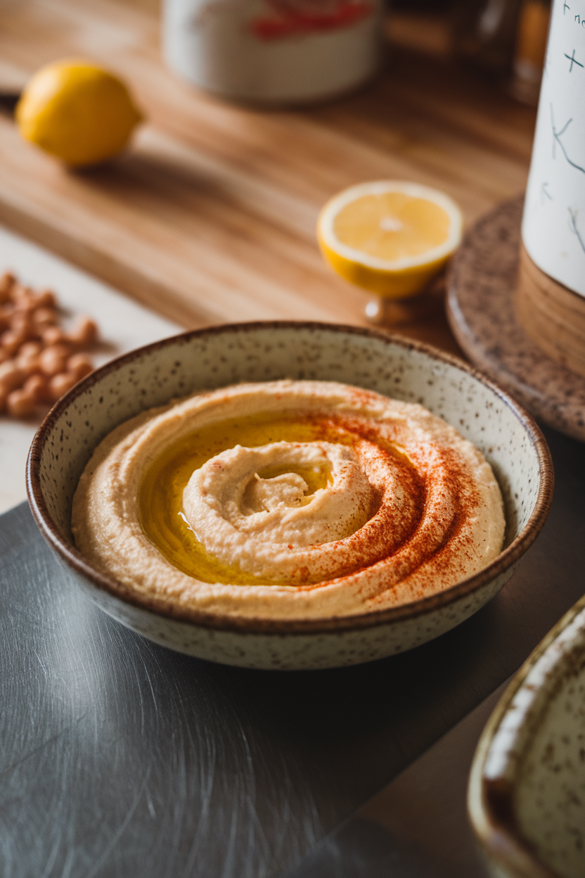 Photo, indoor kitchen island featuring a shallow bowl of creamy hummus swirled with olive oil, paprika dusted on top, no logos.
