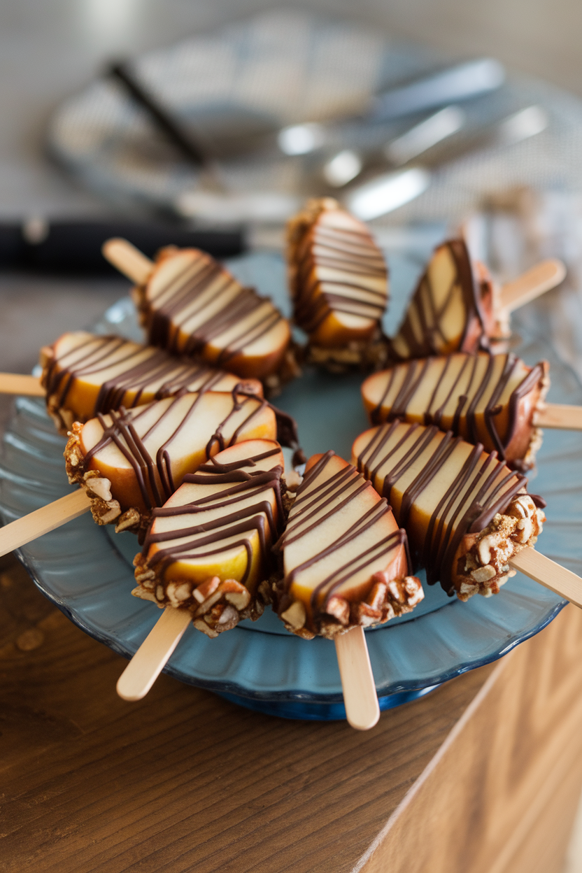 An indoor dessert plate holding thick caramel-coated apple slices on popsicle sticks, rolled in chopped pecans and drizzled with chocolate. Photo, no text or logos.
