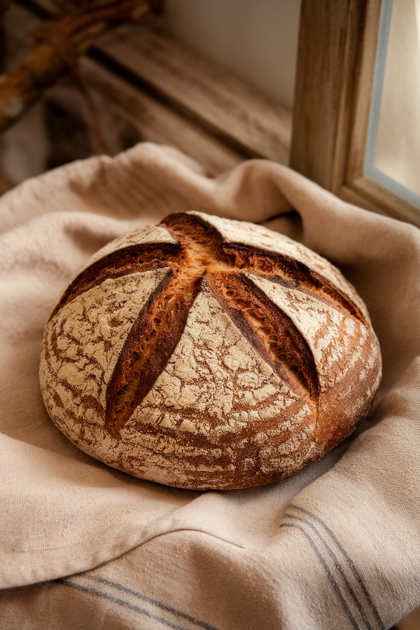 A cozy indoor scene with a rustic rye loaf, dark crust dusted lightly with flour, a few caraway seeds visible, set on a linen towel. No text or logos. Photo only.