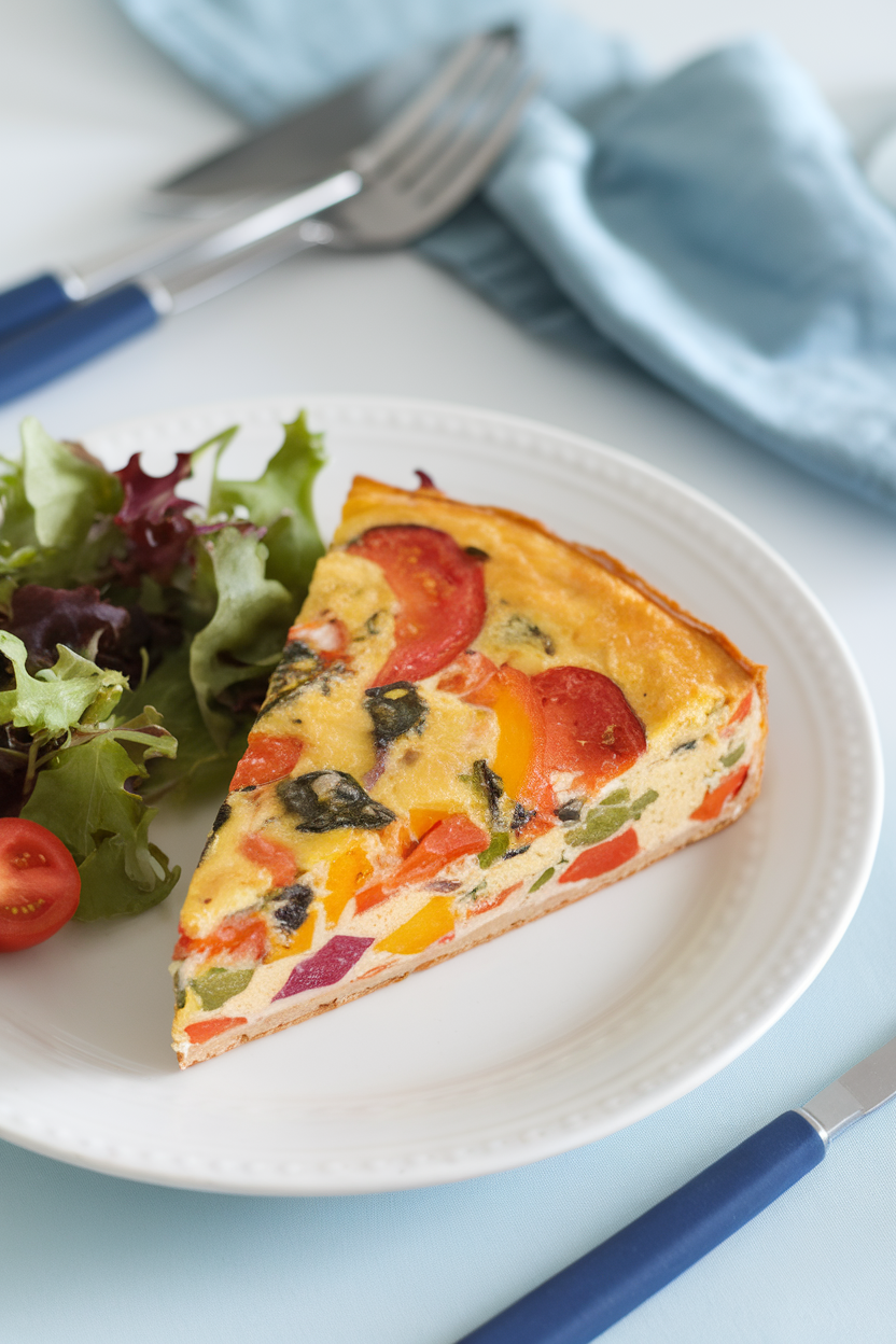 An indoor brunch plate with a triangular slice of colorful vegetable frittata, small side salad tucked beside. No text or logos.