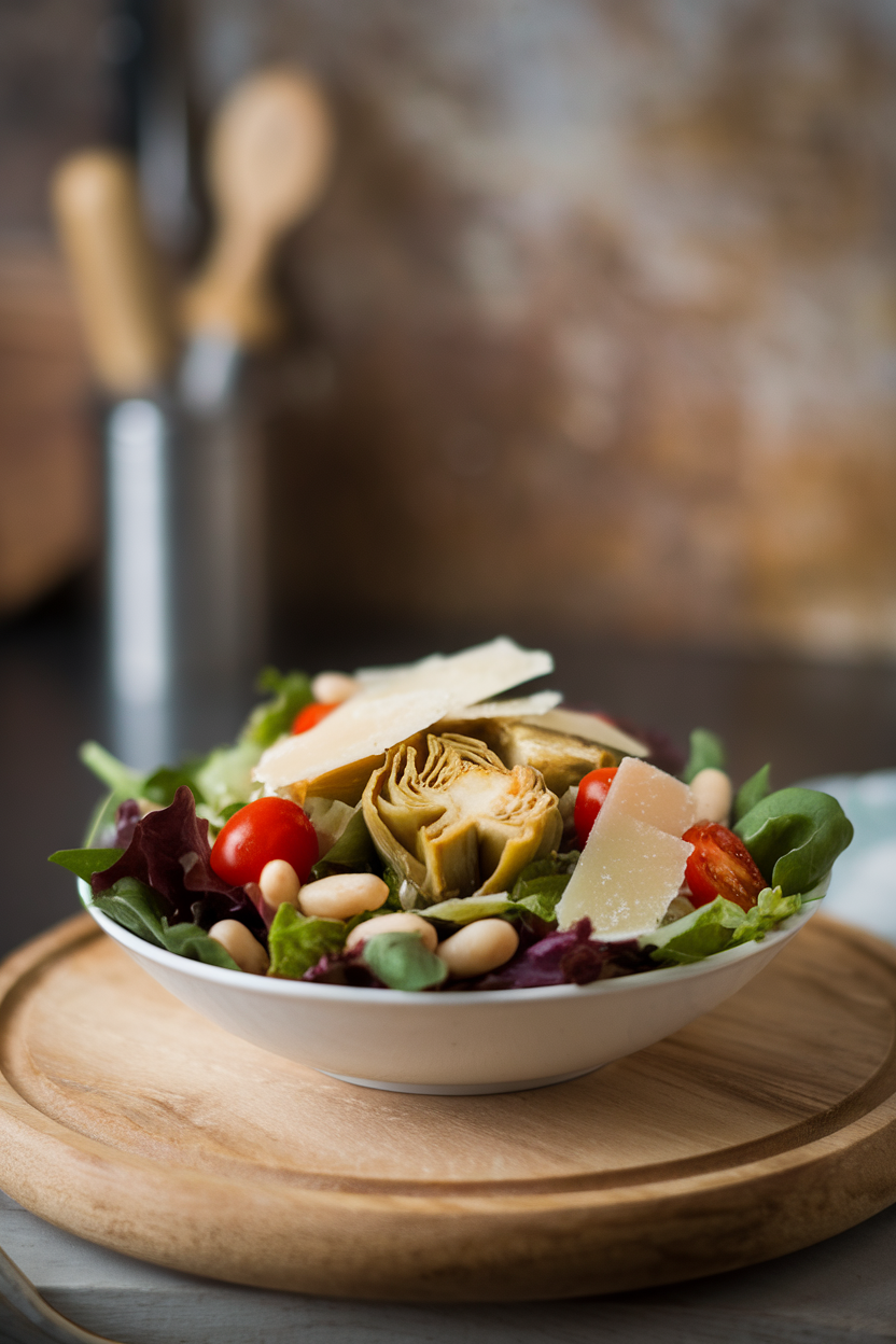 An indoor bowl of mixed greens topped with marinated artichoke hearts, cannellini beans, cherry tomatoes, and shaved Parmesan. No text or logos present.