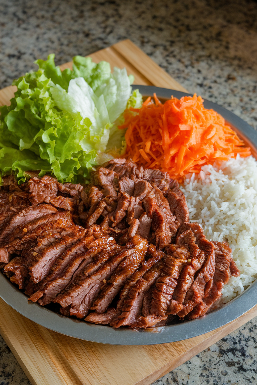 Indoor photo of a platter featuring cooked, thin-sliced bulgogi beef with separate piles of lettuce leaves, shredded carrots, and rice, ready for assembly. No text or logos.